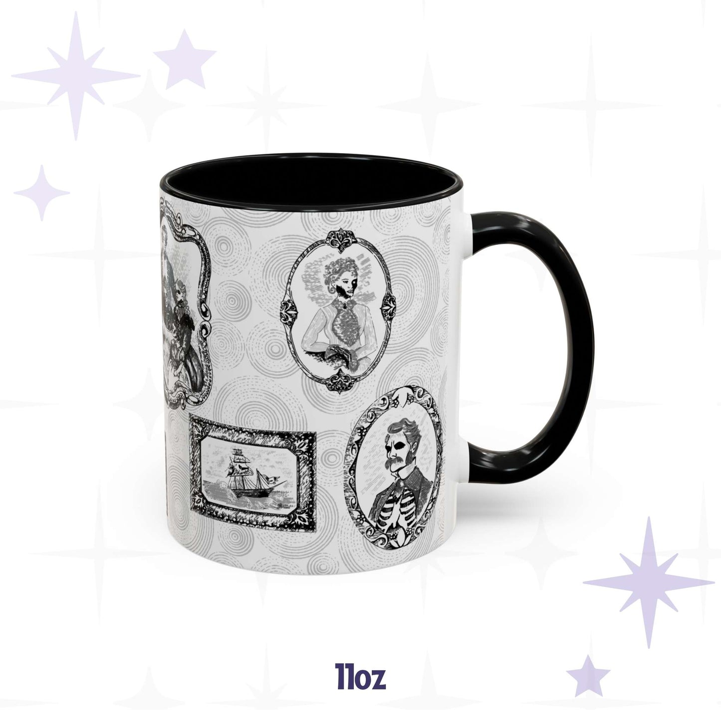 11 oz Victorian zombie portrait gallery mug with a jawless cameo lady, ribcage gentleman, and ghost ship