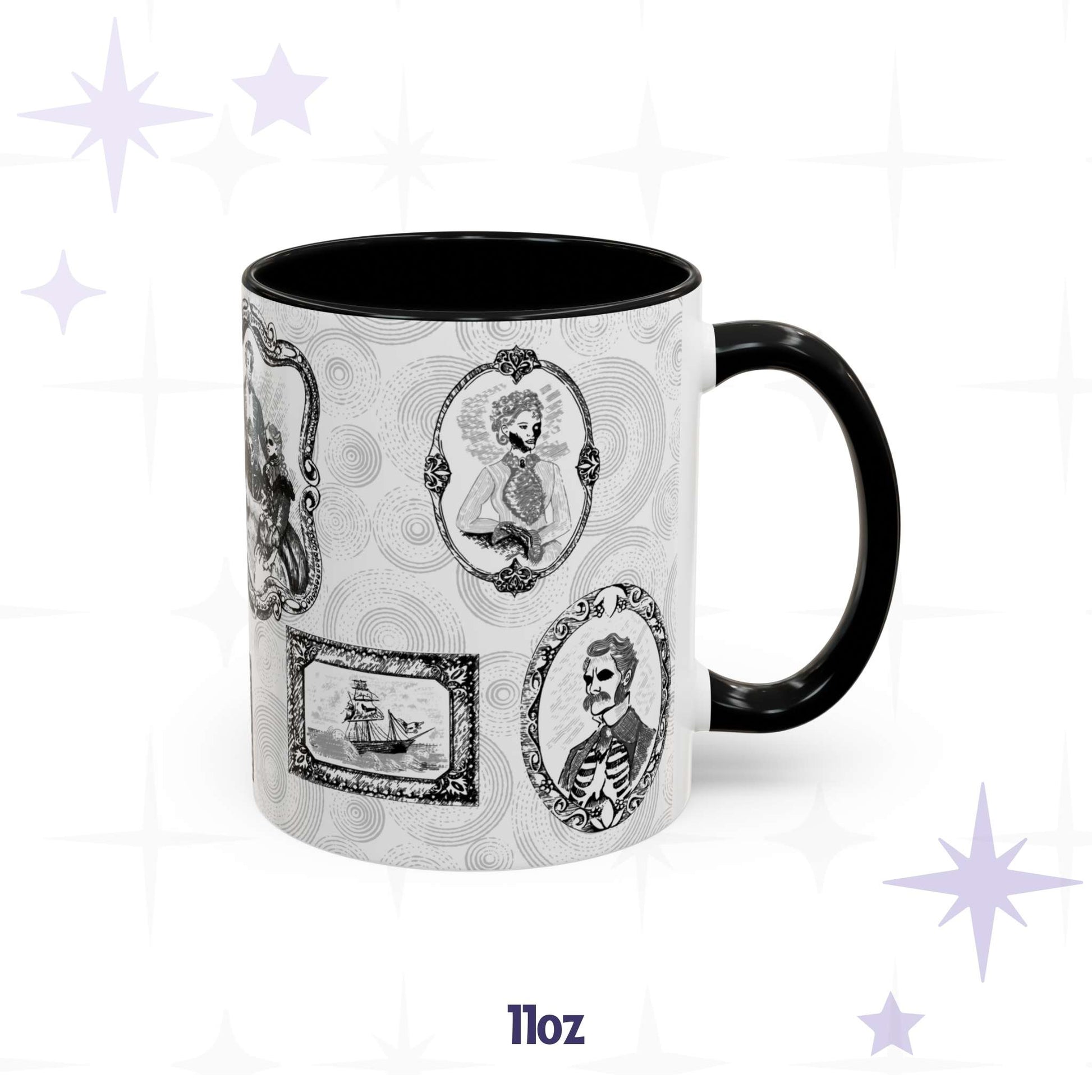 11 oz Victorian zombie portrait gallery mug with a jawless cameo lady, ribcage gentleman, and ghost ship