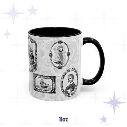 11 oz Victorian zombie portrait gallery mug with a jawless cameo lady, ribcage gentleman, and ghost ship