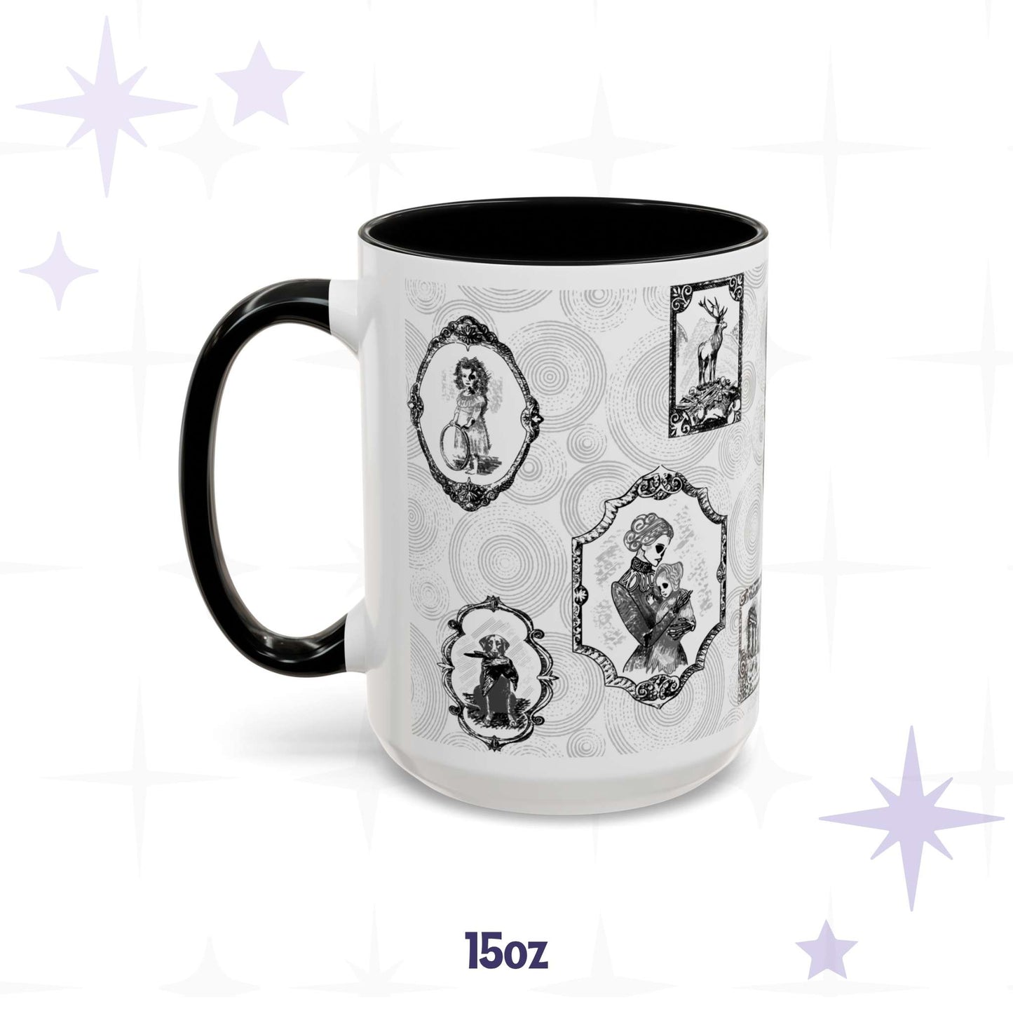15 oz black and white gothic portrait mug with framed skeletal Victorian sitters and a stag on bones, black interior
