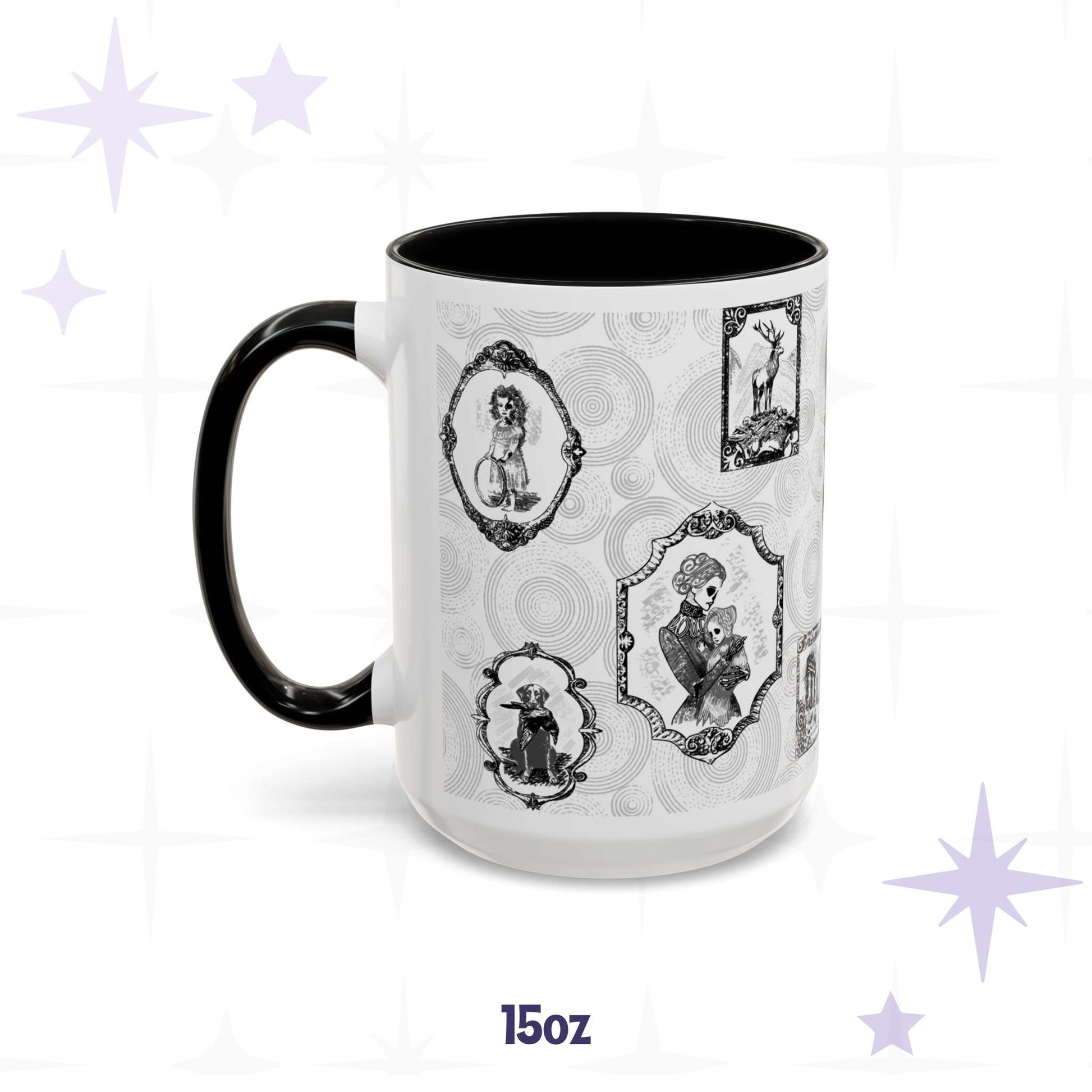 15 oz black and white gothic portrait mug with framed skeletal Victorian sitters and a stag on bones, black interior