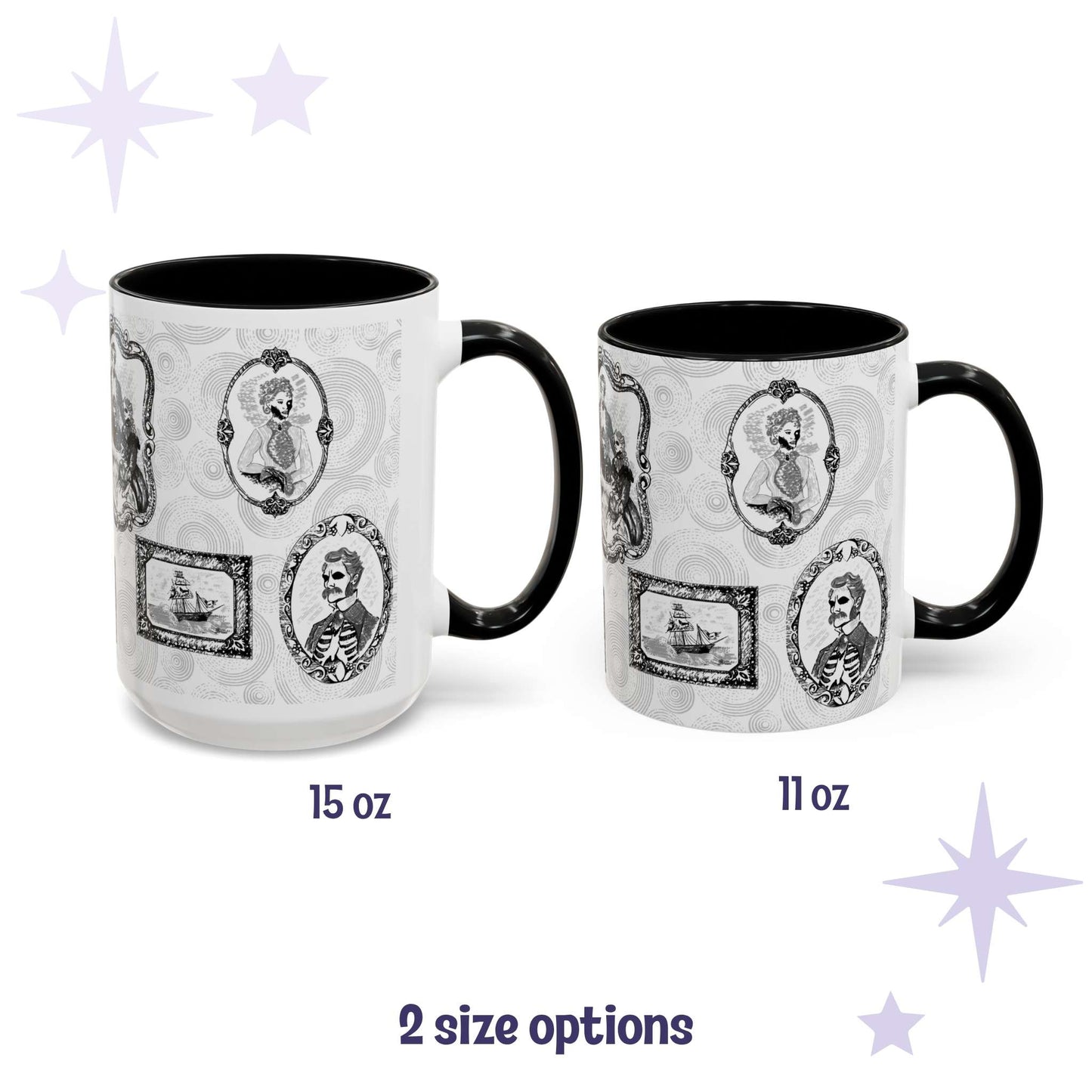 Black and white gothic portrait gallery mugs in 15 oz and 11 oz sizes with skeletal Victorian cameos and a ghost ship