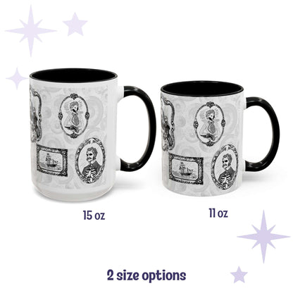 Black and white gothic portrait gallery mugs in 15 oz and 11 oz sizes with skeletal Victorian cameos and a ghost ship