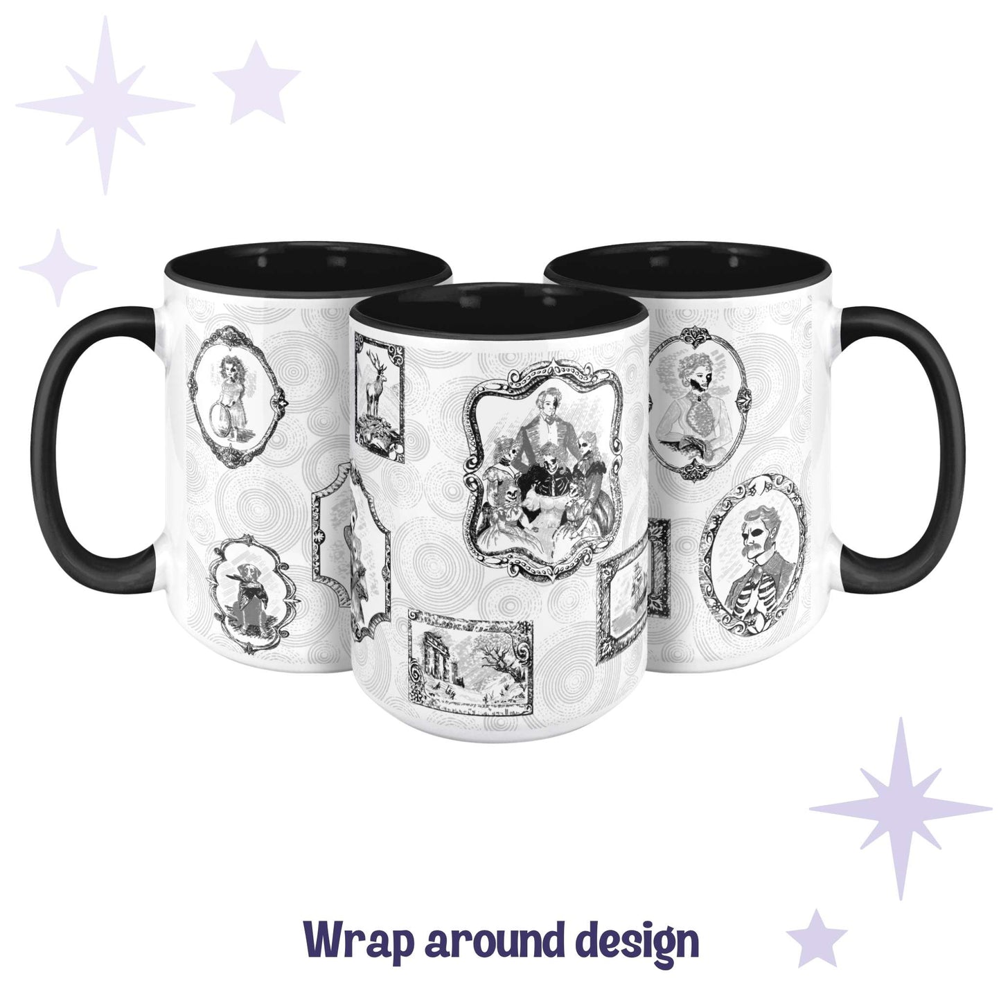 Three black and white gothic portrait mugs showing the full wrap-around zombie gallery design