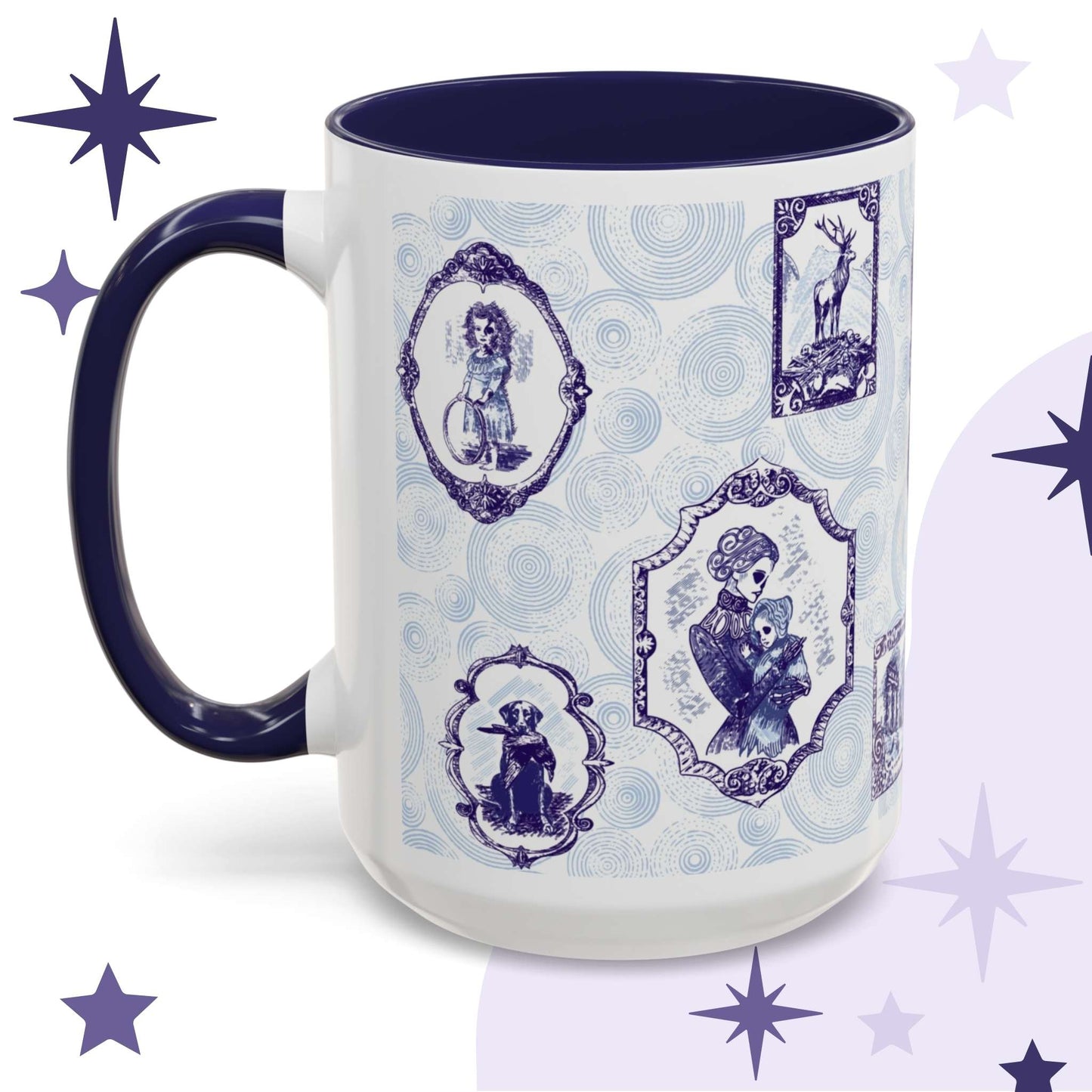 Blue and white delft portrait mug showing framed Victorian ancestors including a haunted girl, a stag on bones, and a raven-holding dog