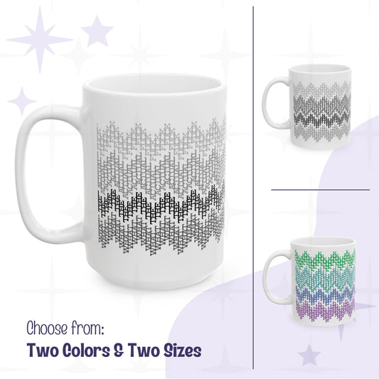White ceramic hidden message coffee mug showing gray stripes and bright multicolor stripe variants side by side, fair isle swear word pattern wrapping the front panel