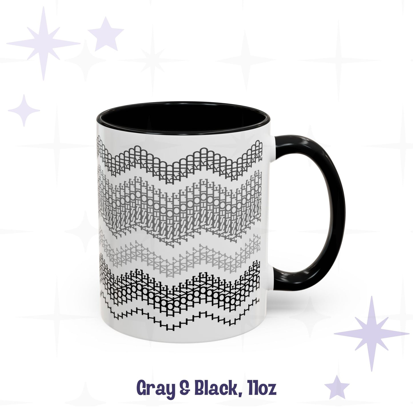 Front view of the Gray and Black 11oz hidden message mug with black handle and interior, showing the four-band chevron embroidery pattern, labeled 'Gray and Black, 11oz'