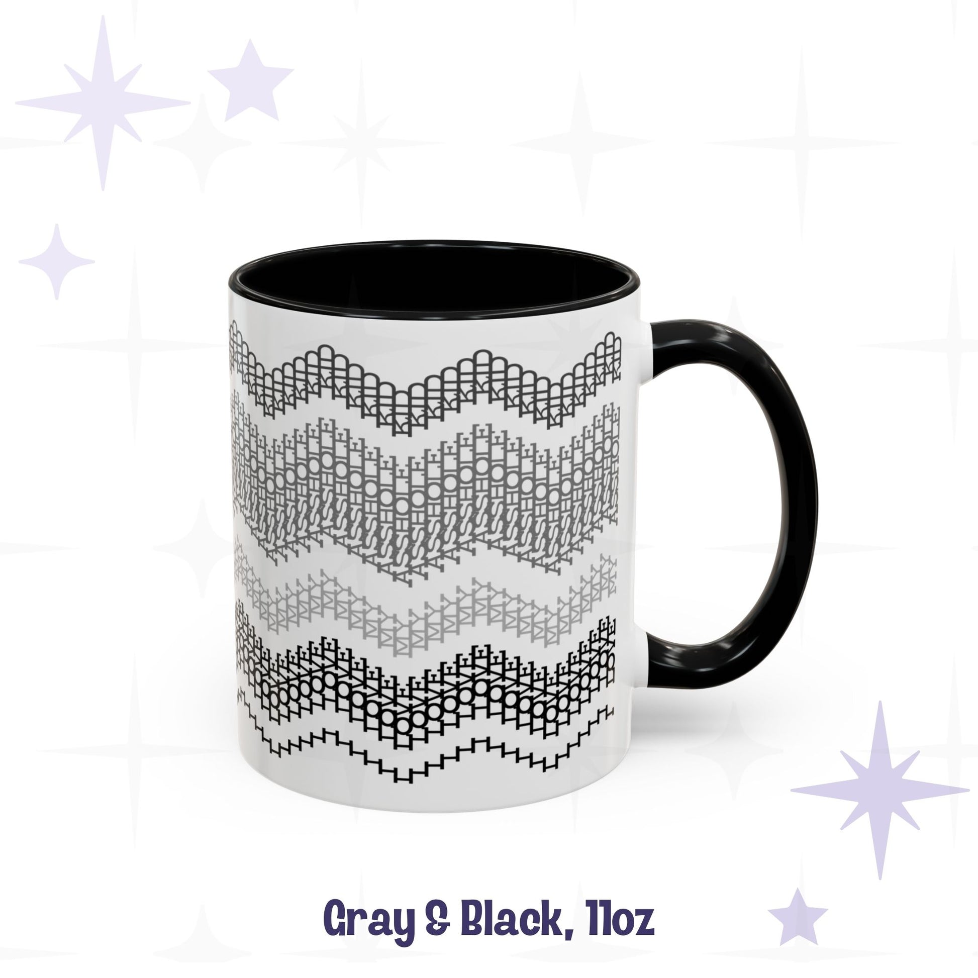 Front view of the Gray and Black 11oz hidden message mug with black handle and interior, showing the four-band chevron embroidery pattern, labeled 'Gray and Black, 11oz'