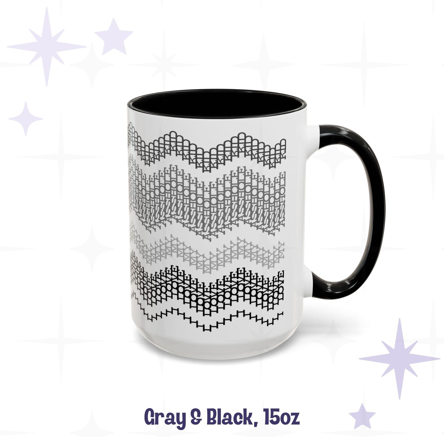 Side view of the Gray and Black 15oz hidden message mug showing the full-wrap chevron pattern in four shades from charcoal to black, labeled 'Gray and Black, 15oz'