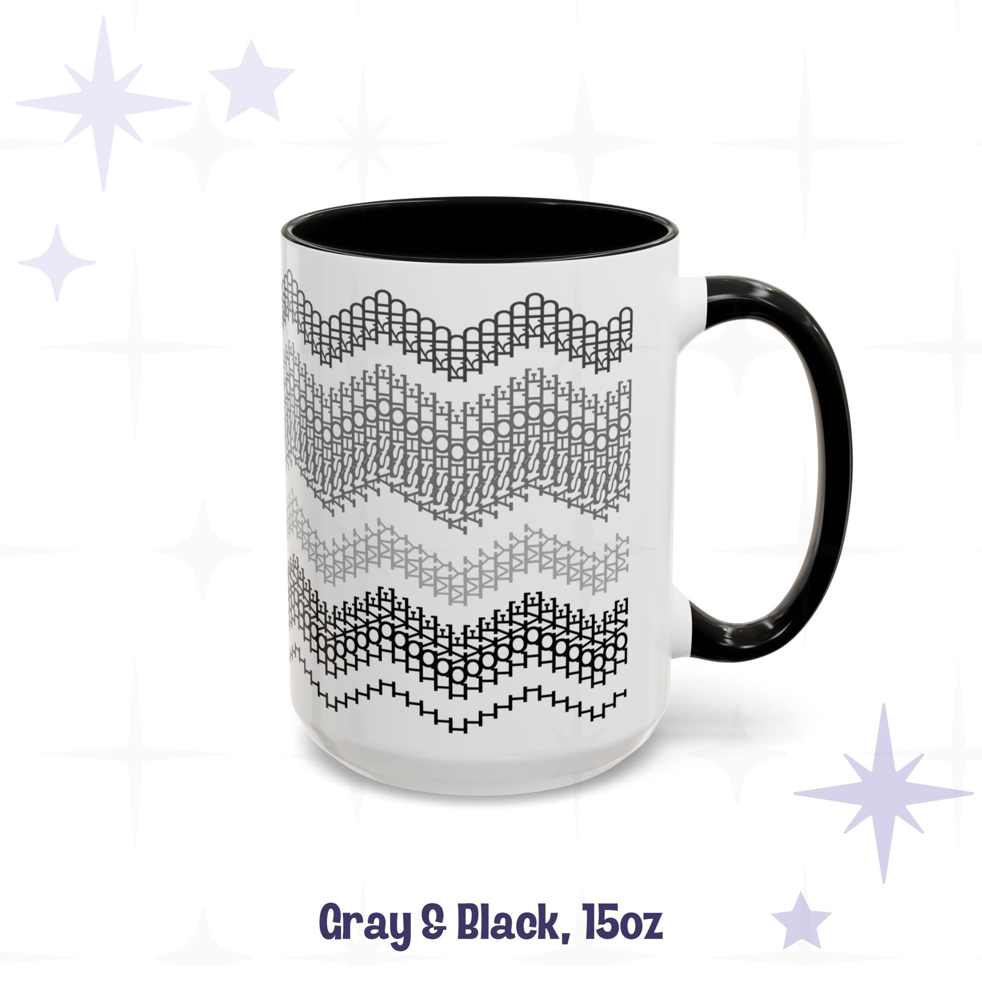 Side view of the Gray and Black 15oz hidden message mug showing the full-wrap chevron pattern in four shades from charcoal to black, labeled 'Gray and Black, 15oz'