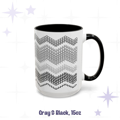 Side view of the Gray and Black 15oz hidden message mug showing the full-wrap chevron pattern in four shades from charcoal to black, labeled 'Gray and Black, 15oz'