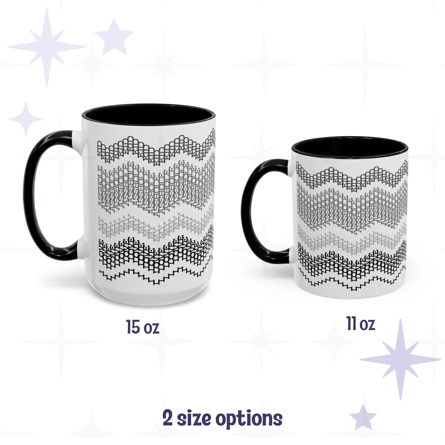 Side-by-side size comparison of the Gray and Black hidden message mug in 15oz and 11oz, both showing the full chevron pattern with black handles, labeled '2 size options'