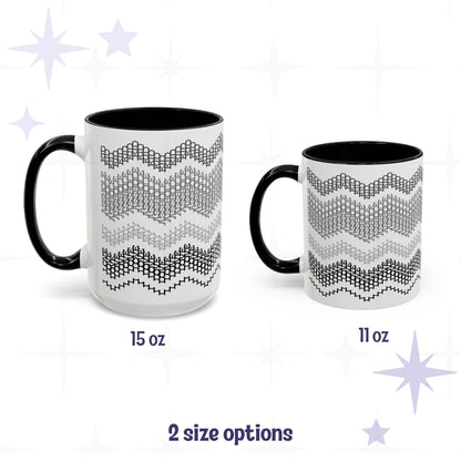 Side-by-side size comparison of the Gray and Black hidden message mug in 15oz and 11oz, both showing the full chevron pattern with black handles, labeled '2 size options'