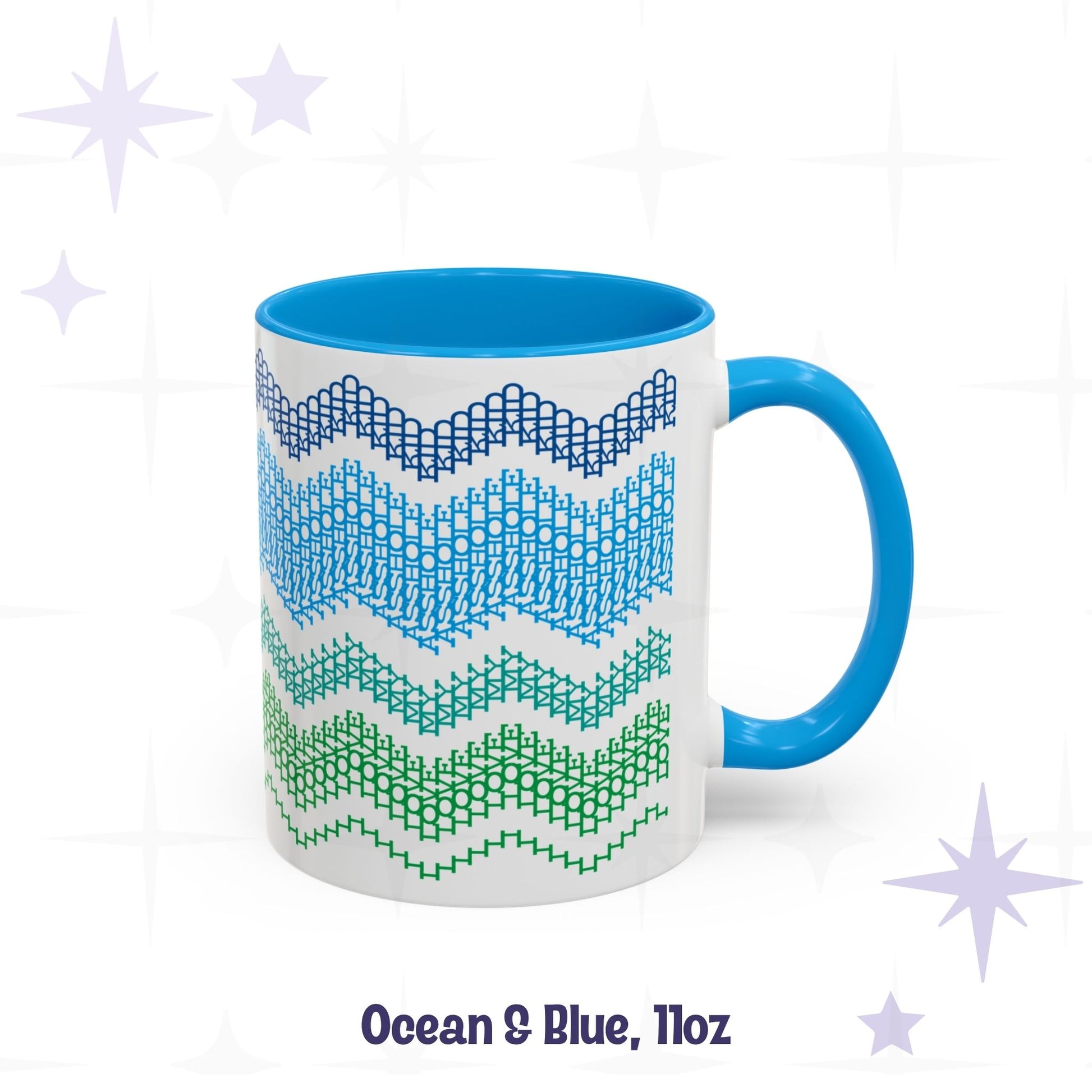Front view of the Ocean and Blue 11oz hidden message mug with blue handle and blue interior, showing the four-band chevron embroidery pattern, labeled 'Ocean and Blue, 11oz'