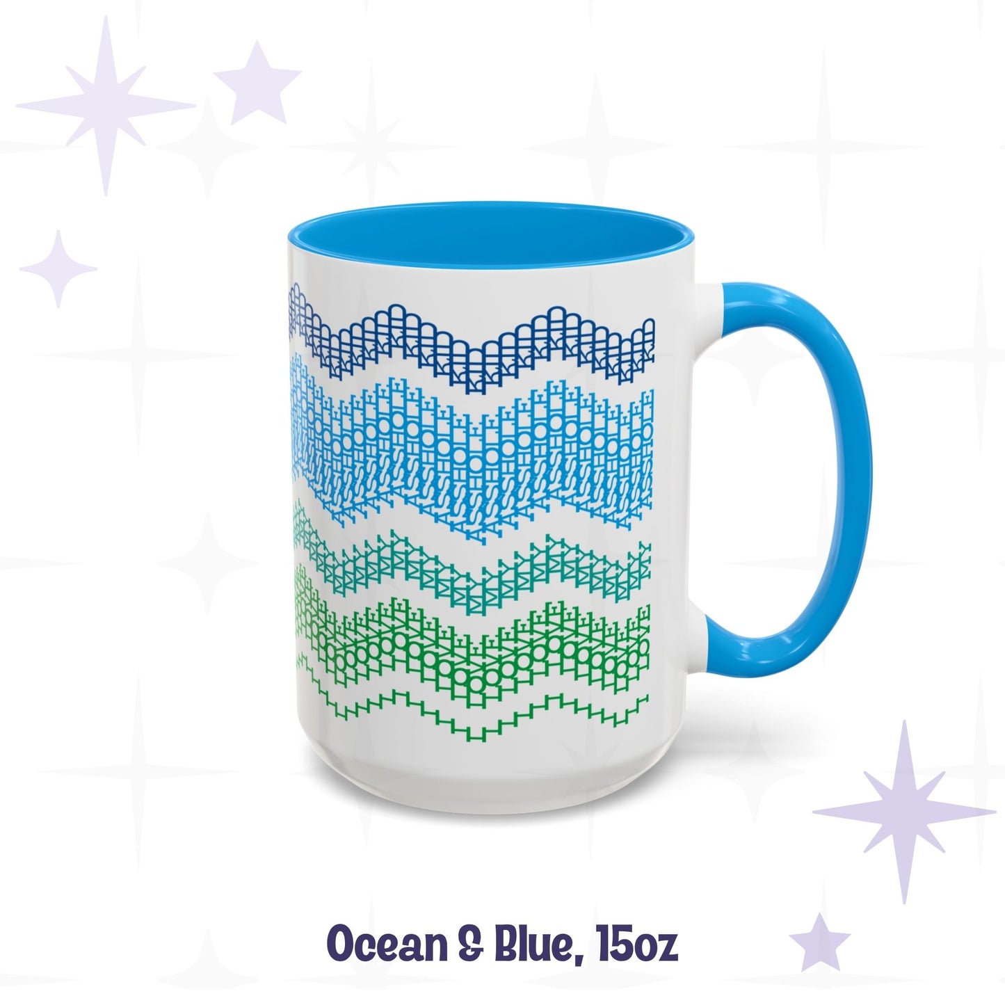 Side view of the Ocean and Blue 15oz hidden message mug showing the full-wrap chevron gradient from navy to green with blue handle, labeled 'Ocean and Blue, 15oz'