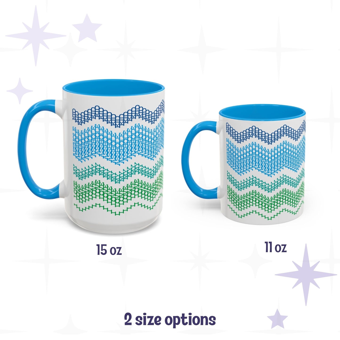 Side-by-side size comparison of the Ocean and Blue hidden message mug in 15oz and 11oz sizes with blue handles, labeled '2 size options'