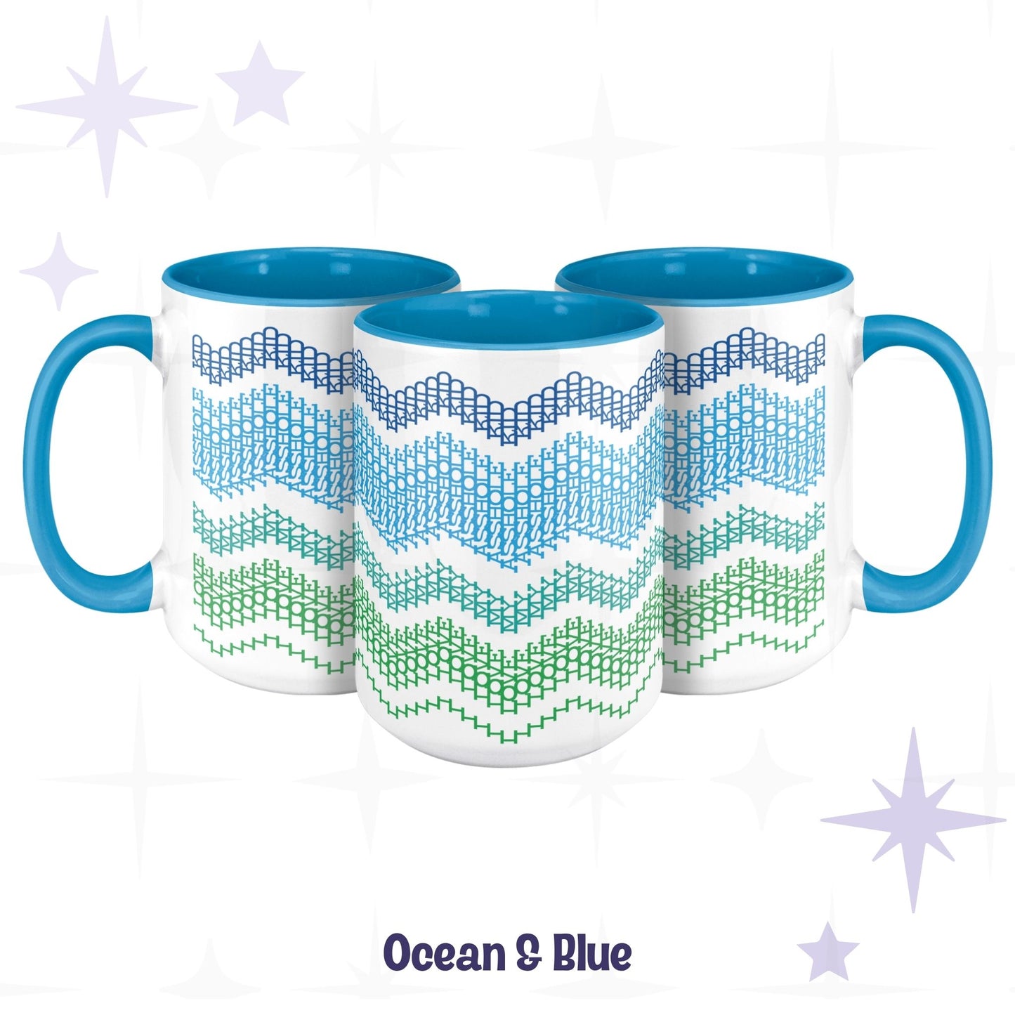 Three Ocean and Blue hidden message mugs from different angles, with the hidden text 'I LOVE MY ASSHOLE KID”' readable in the typographic stitch pattern on the middle mug


