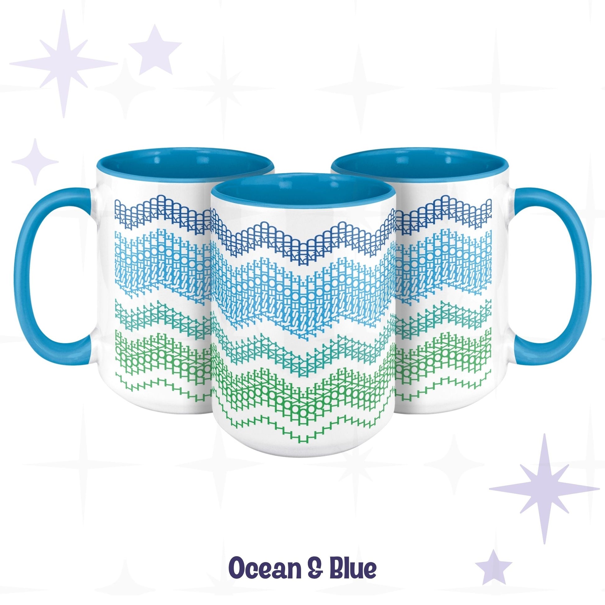 Three Ocean and Blue hidden message mugs from different angles, with the hidden text 'I LOVE MY ASSHOLE KID”' readable in the typographic stitch pattern on the middle mug

