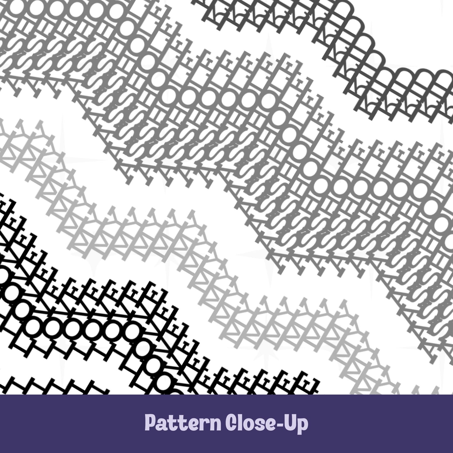 Close-up of the Gray Black colorway pattern showing four chevron bands in charcoal, medium gray, light gray, and black, with the same hidden message embroidery pattern