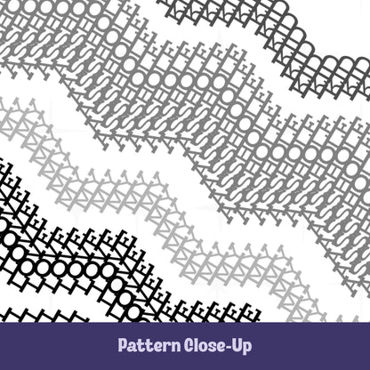 Close-up of the Gray Black colorway pattern showing four chevron bands in charcoal, medium gray, light gray, and black, with the same hidden message embroidery pattern