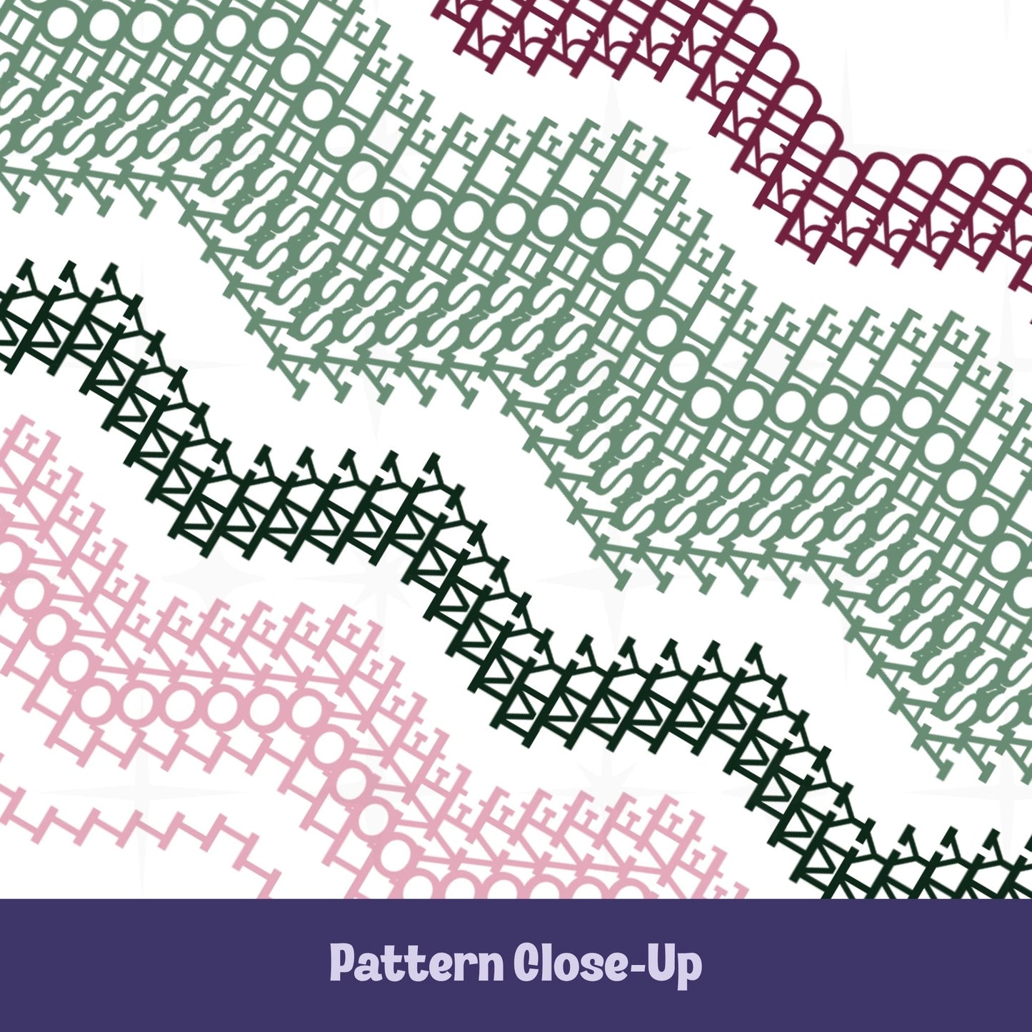 Close-up of the Preppy Pink colorway pattern showing chevron bands in deep burgundy, sage green, forest green, and blush pink with hidden typographic stitching throughout