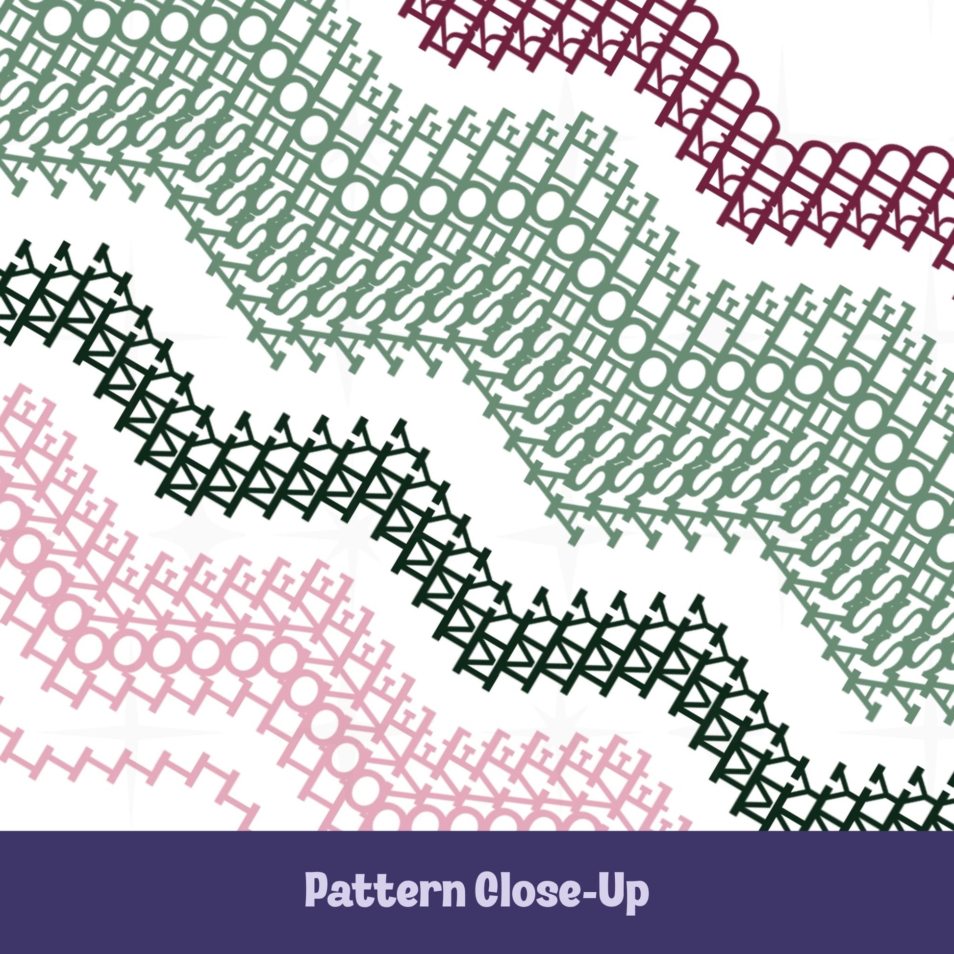 Close-up of the Preppy Pink colorway pattern showing chevron bands in deep burgundy, sage green, forest green, and blush pink with hidden typographic stitching throughout