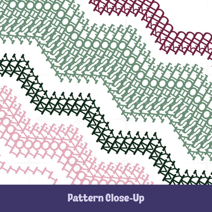 Close-up of the Preppy Pink colorway pattern showing chevron bands in deep burgundy, sage green, forest green, and blush pink with hidden typographic stitching throughout