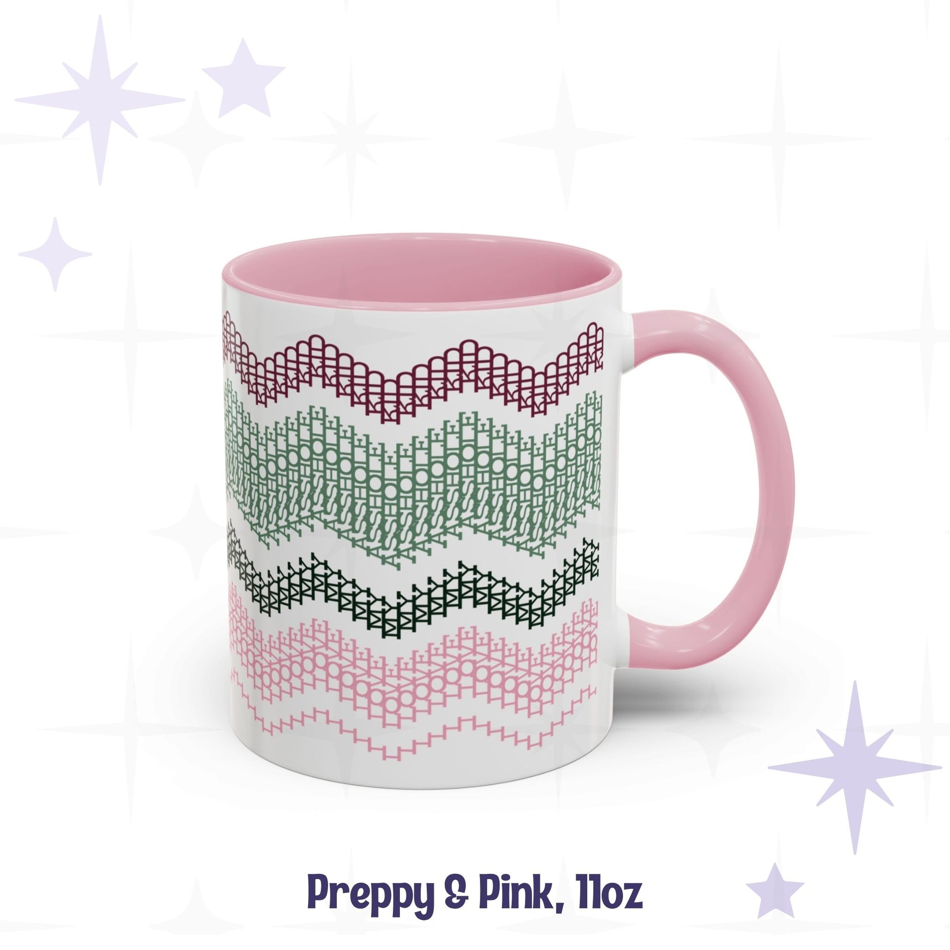 Front view of the Preppy and Pink 11oz hidden message mug with pink handle and interior showing the four-band chevron embroidery pattern, labeled 'Preppy and Pink, 11oz'