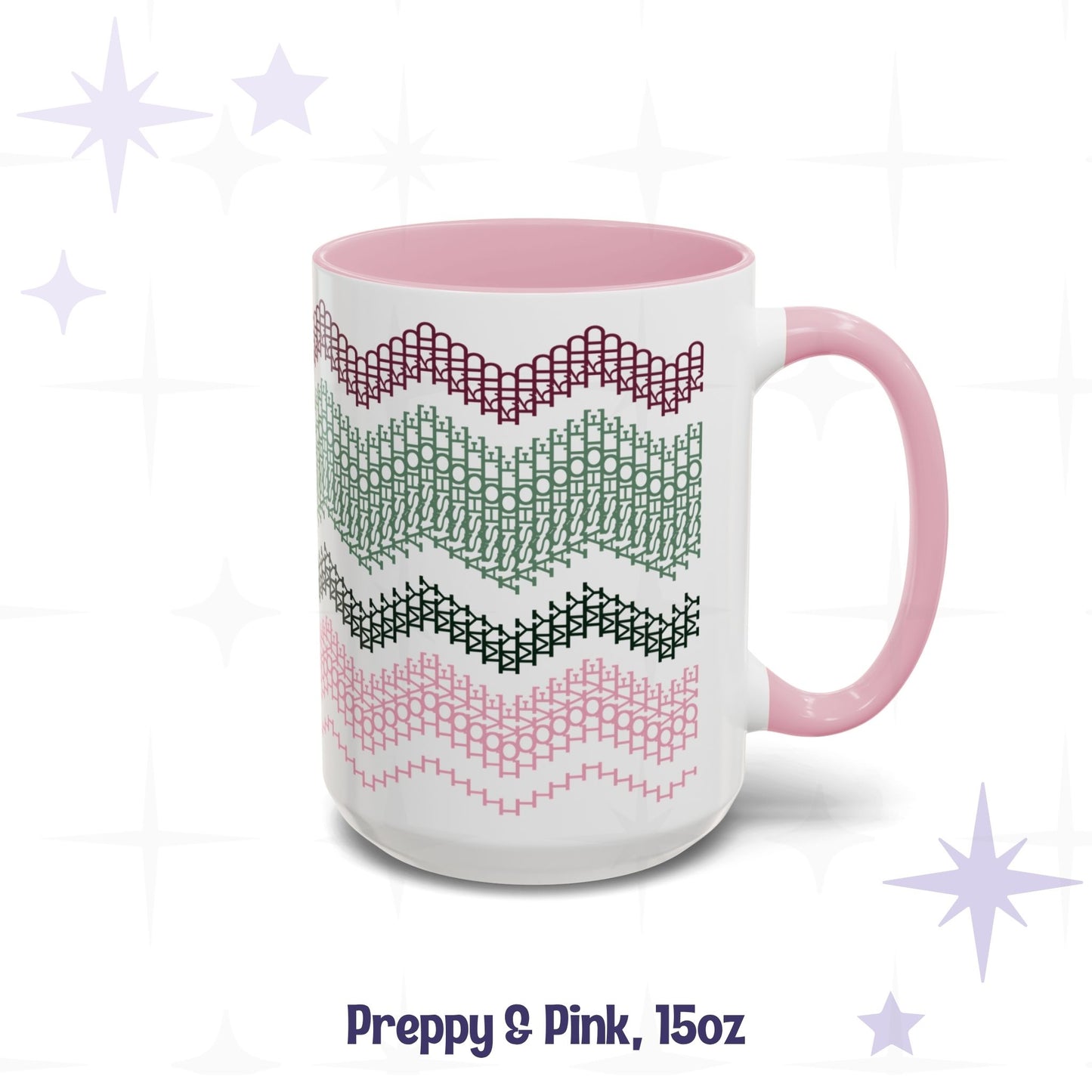 Side view of the Preppy and Pink 15oz hidden message mug showing the full-wrap pattern in deep burgundy, sage, forest green, and pink, labeled 'Preppy and Pink, 15oz'