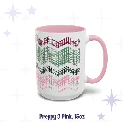 Side view of the Preppy and Pink 15oz hidden message mug showing the full-wrap pattern in deep burgundy, sage, forest green, and pink, labeled 'Preppy and Pink, 15oz'