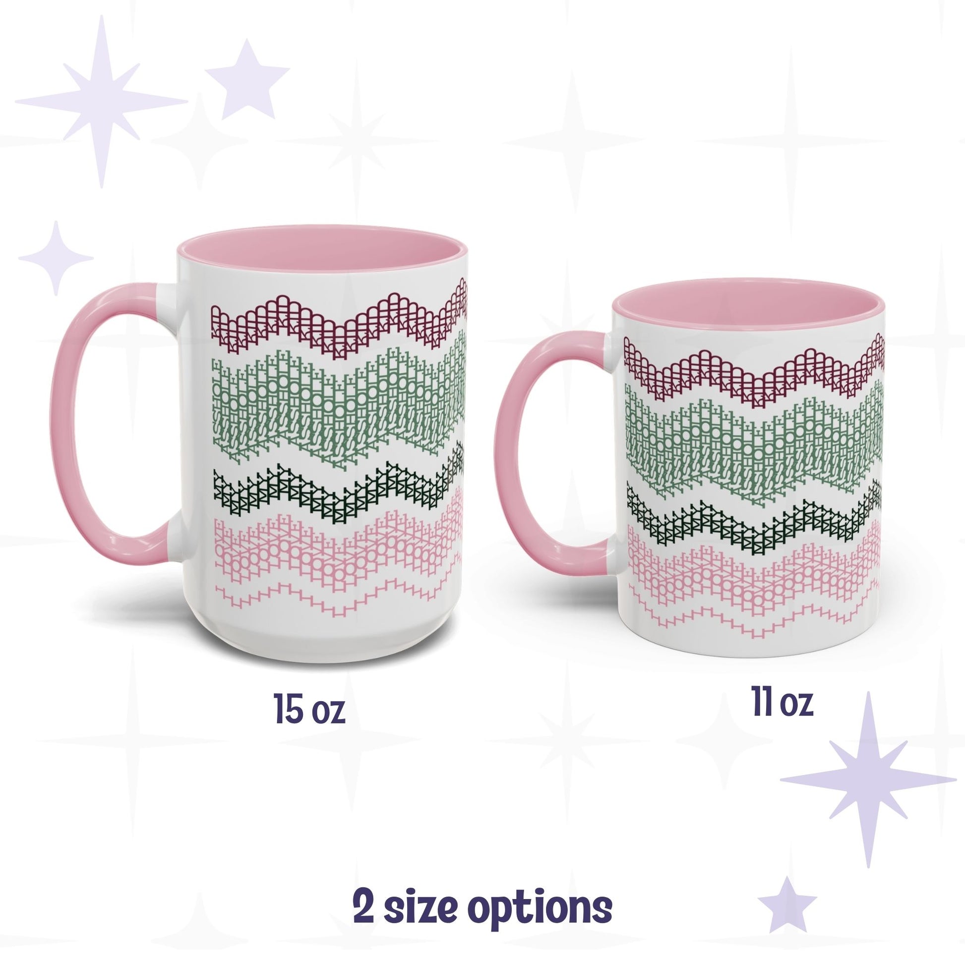 Side-by-side size comparison of the Preppy and Pink hidden message mug in 15oz and 11oz sizes, labeled '2 size options'