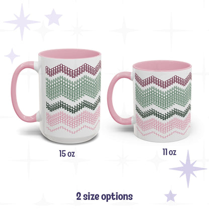 Side-by-side size comparison of the Preppy and Pink hidden message mug in 15oz and 11oz sizes, labeled '2 size options'