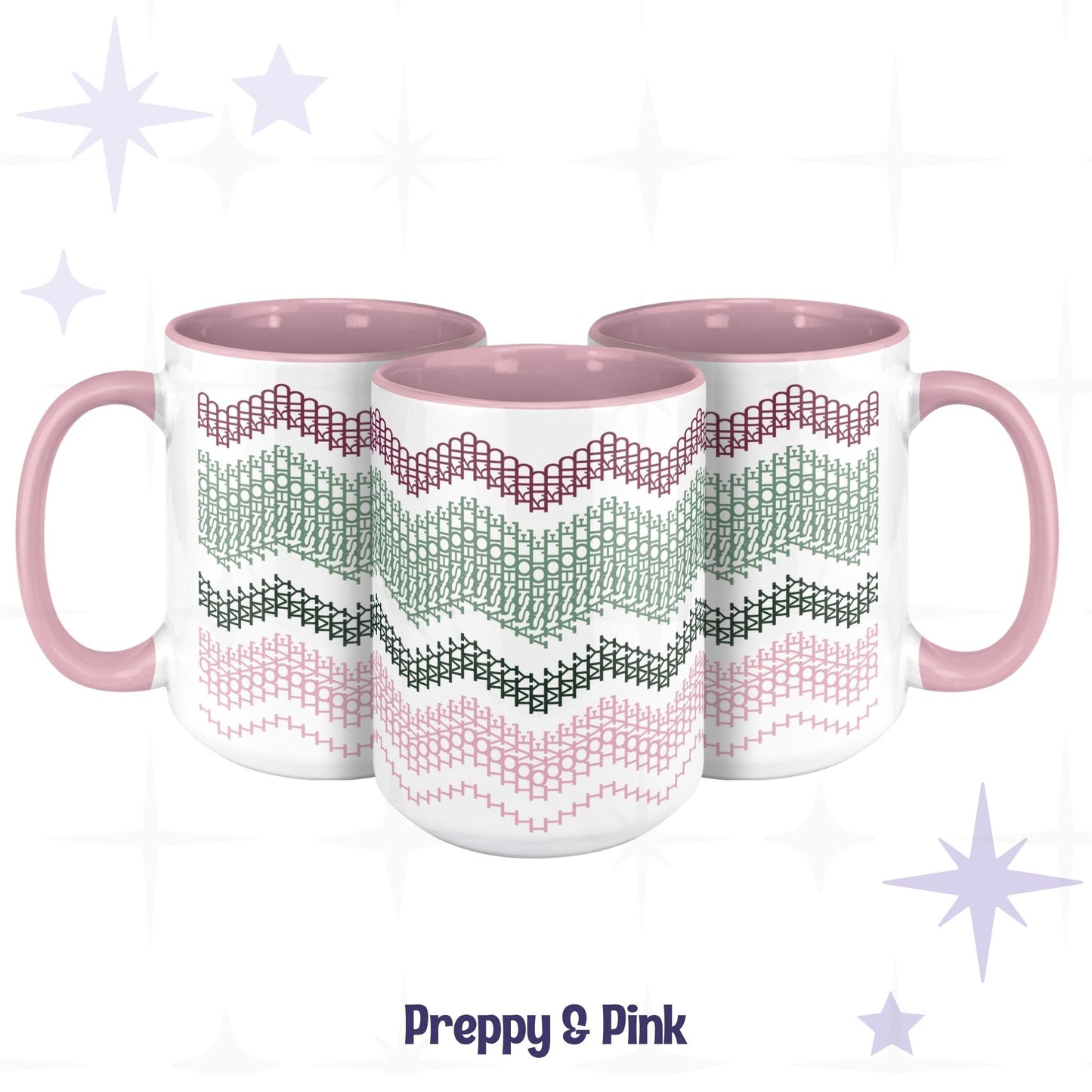 Three Preppy and Pink hidden message mugs arranged in a cluster showing the four-color chevron pattern from multiple angles, with pink handles and pink interiors