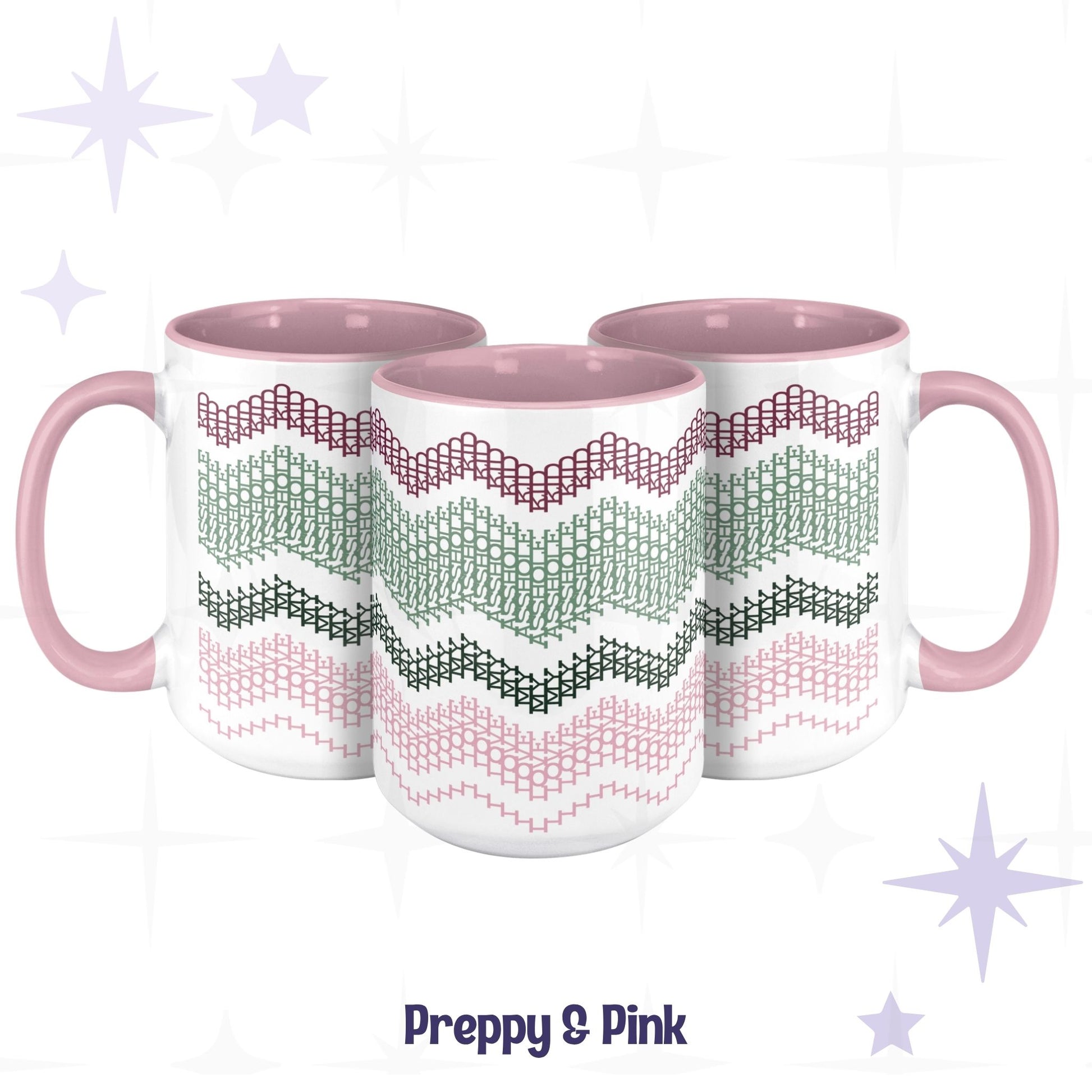 Three Preppy and Pink hidden message mugs arranged in a cluster showing the four-color chevron pattern from multiple angles, with pink handles and pink interiors
