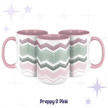 Three Preppy and Pink hidden message mugs arranged in a cluster showing the four-color chevron pattern from multiple angles, with pink handles and pink interiors