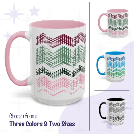Hidden message ceramic accent mug showing all three colorways — Preppy Pink, Ocean Blue, and Gray & Black — in 11oz and 15oz sizes, with fair isle-style typographic wave pattern