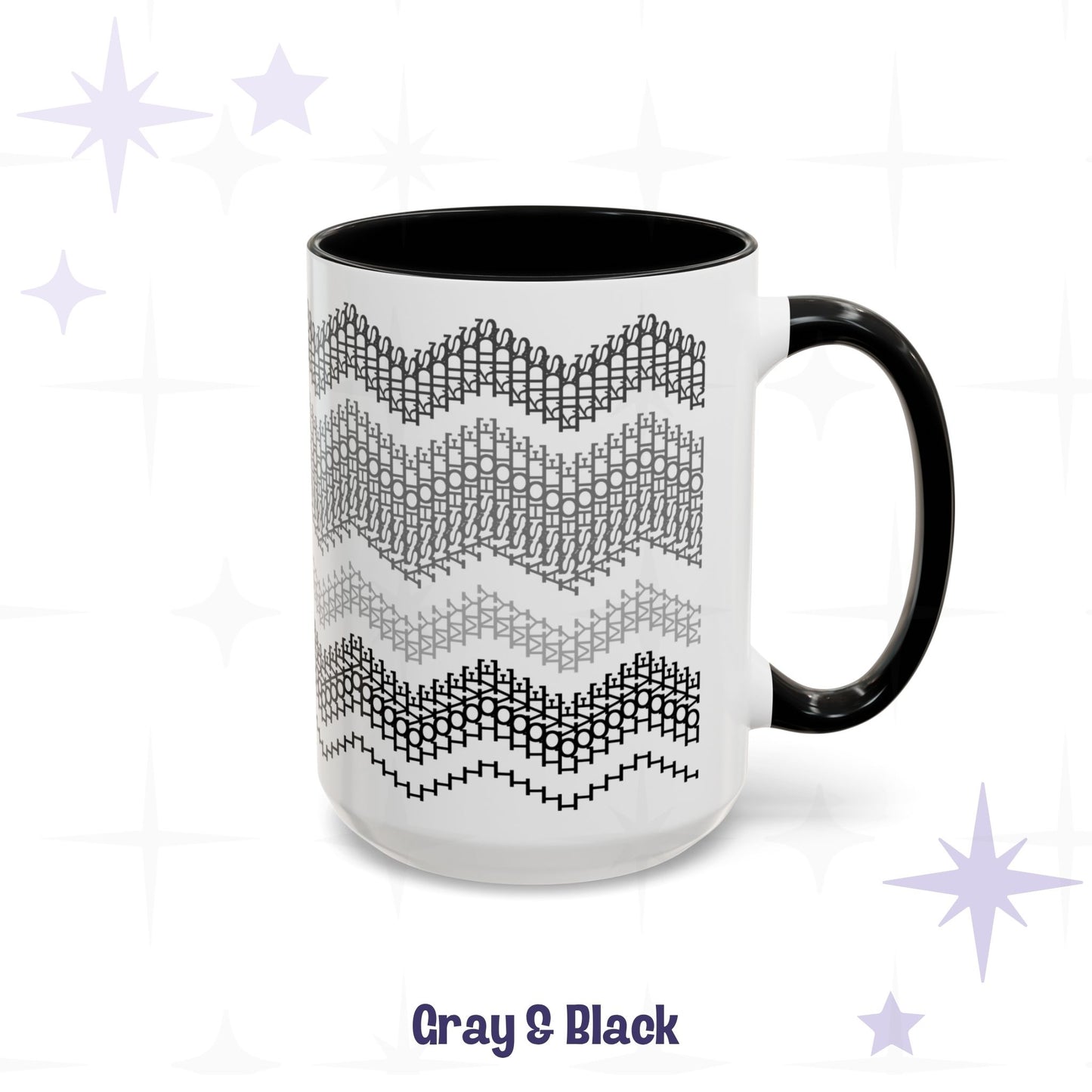 Gray & Black hidden message mug 15oz, handle facing right — four stacked chevron bands of typographic pattern in descending gray tones on white ceramic with black accent