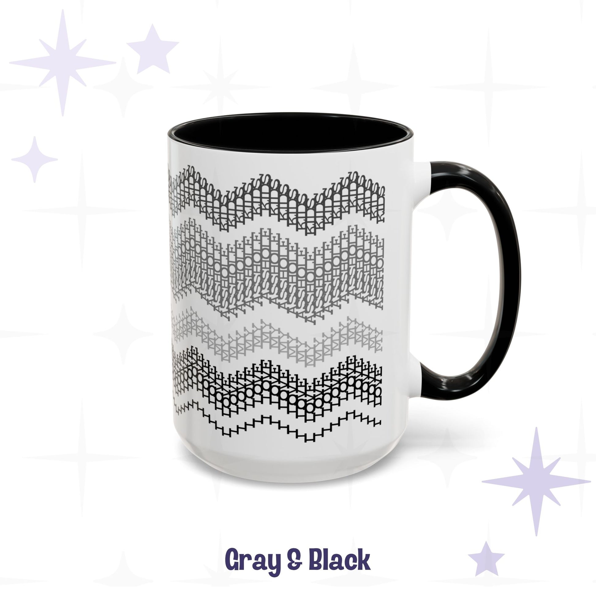Gray & Black hidden message mug 15oz, handle facing right — four stacked chevron bands of typographic pattern in descending gray tones on white ceramic with black accent