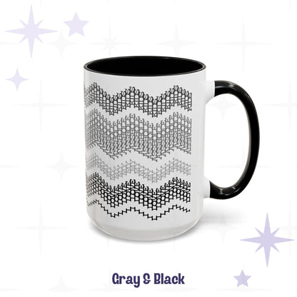 Gray & Black hidden message mug 15oz, handle facing right — four stacked chevron bands of typographic pattern in descending gray tones on white ceramic with black accent
