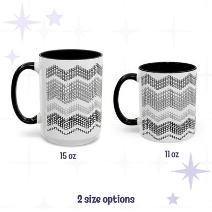 Side-by-side size comparison of Gray & Black hidden message mugs: 15oz taller version on left and 11oz standard size on right, both with black accent handles