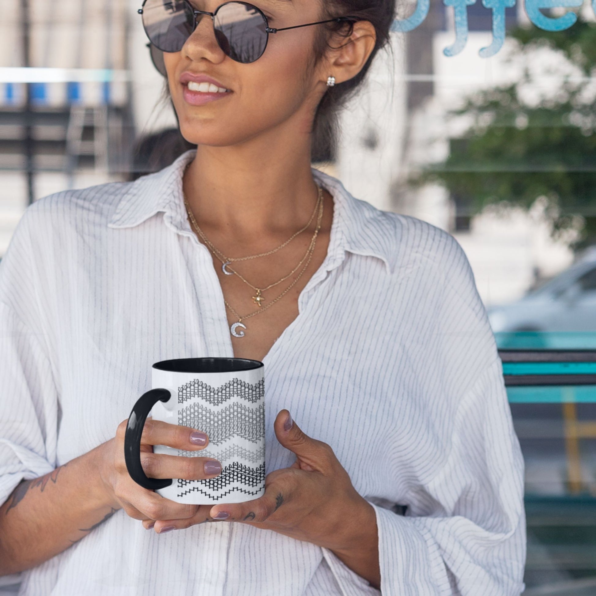 Preppy & Pink hidden message mug 15oz, handle facing right — four stacked undulating bands of hidden-phrase typography in warm botanical tones with pink accent handle