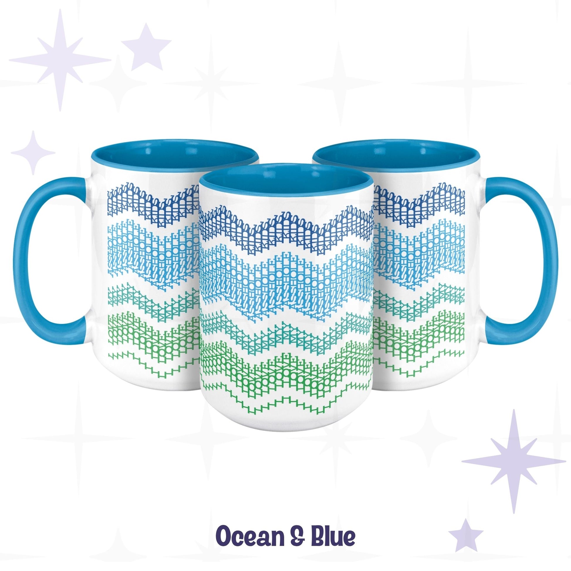 Three Ocean & Blue hidden message accent mugs arranged together, wrap-around typographic wave pattern transitioning from navy through teal to green on white ceramic