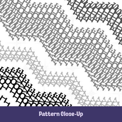 Close-up of hidden message mug pattern in charcoal, medium gray, light gray, and black — dense cross-stitch-style typography hiding the phrase 'I Love My Asshole Kids'