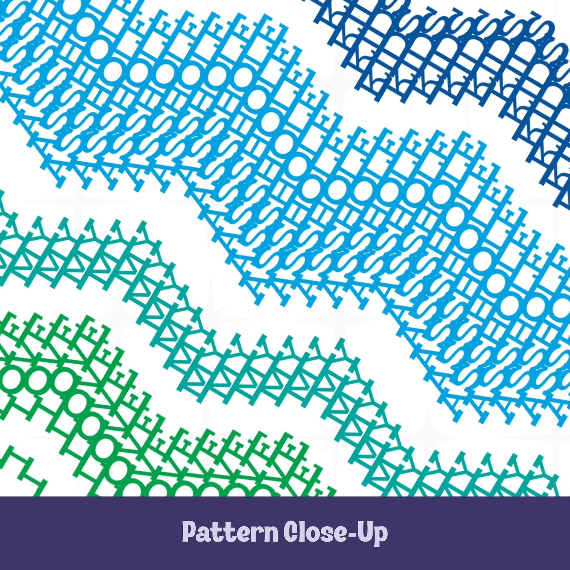 Close-up of hidden message mug pattern in navy, cornflower blue, teal, and kelly green — layered typographic chevron bands concealing the phrase 'I Love My Asshole Kids'