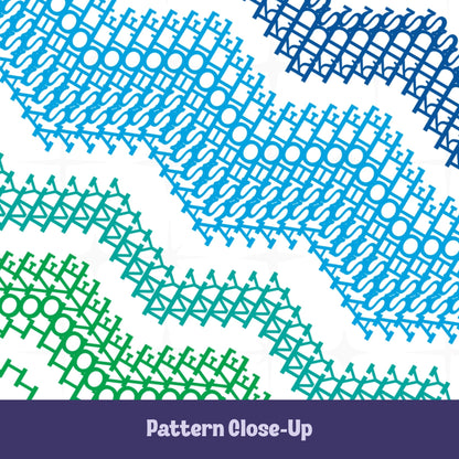 Close-up of hidden message mug pattern in navy, cornflower blue, teal, and kelly green — layered typographic chevron bands concealing the phrase 'I Love My Asshole Kids'
