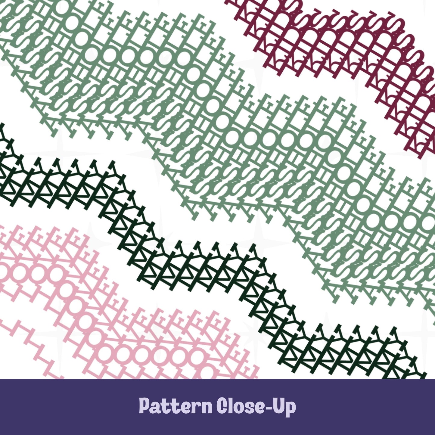 Close-up of hidden message mug pattern in deep burgundy, sage green, forest green, and blush pink — dense typographic cross-stitch waves spelling 'I Love My Asshole Kids'