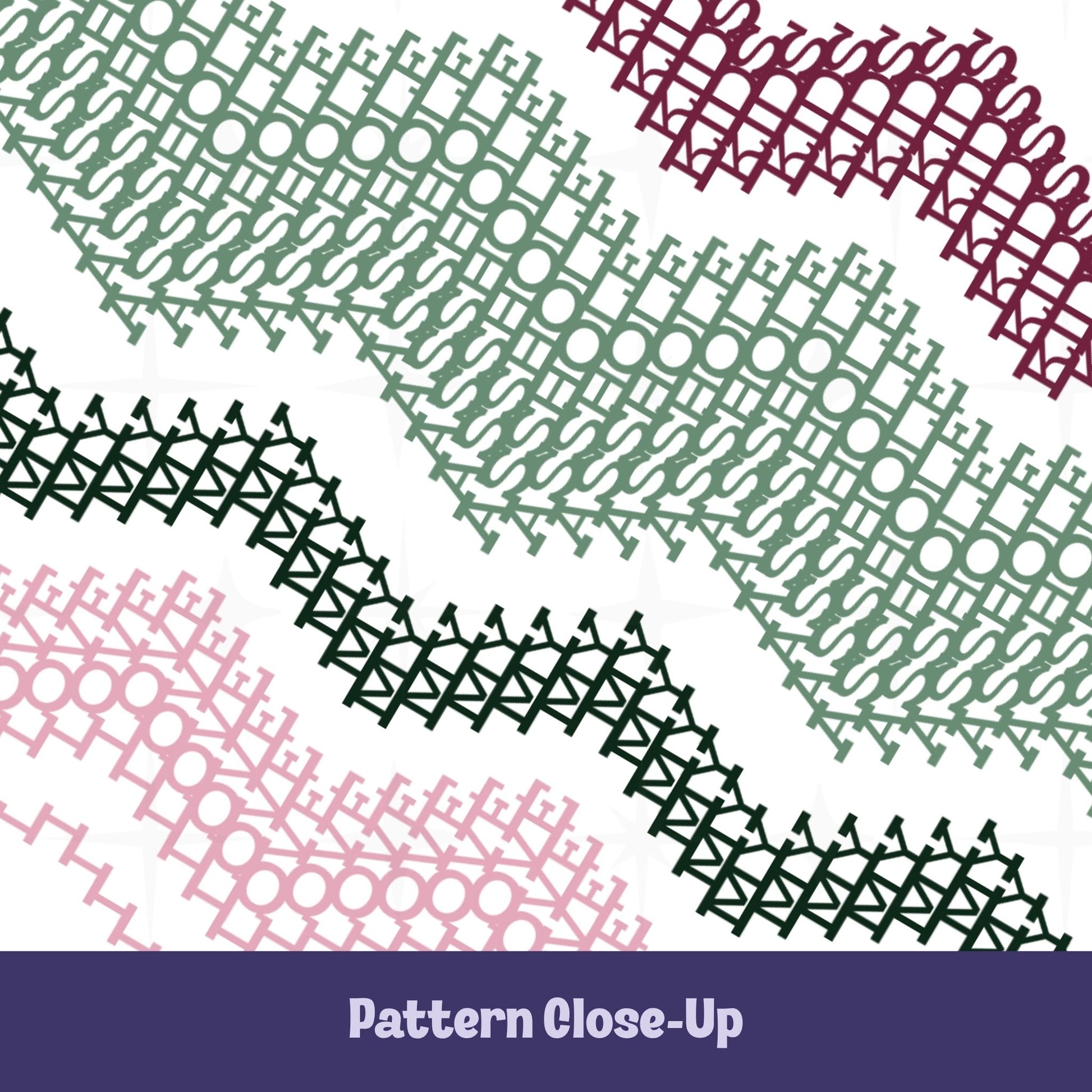 Close-up of hidden message mug pattern in deep burgundy, sage green, forest green, and blush pink — dense typographic cross-stitch waves spelling 'I Love My Asshole Kids'