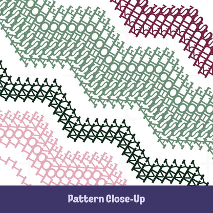 Close-up of hidden message mug pattern in deep burgundy, sage green, forest green, and blush pink — dense typographic cross-stitch waves spelling 'I Love My Asshole Kids'