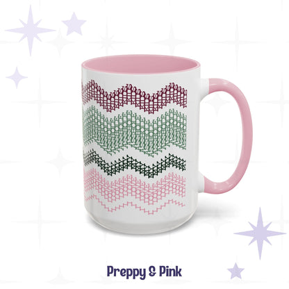 Preppy & Pink hidden message coffee mug, 15oz, side view — white ceramic with pink handle and interior, four chevron bands in deep burgundy, sage green, forest green, and blush pink