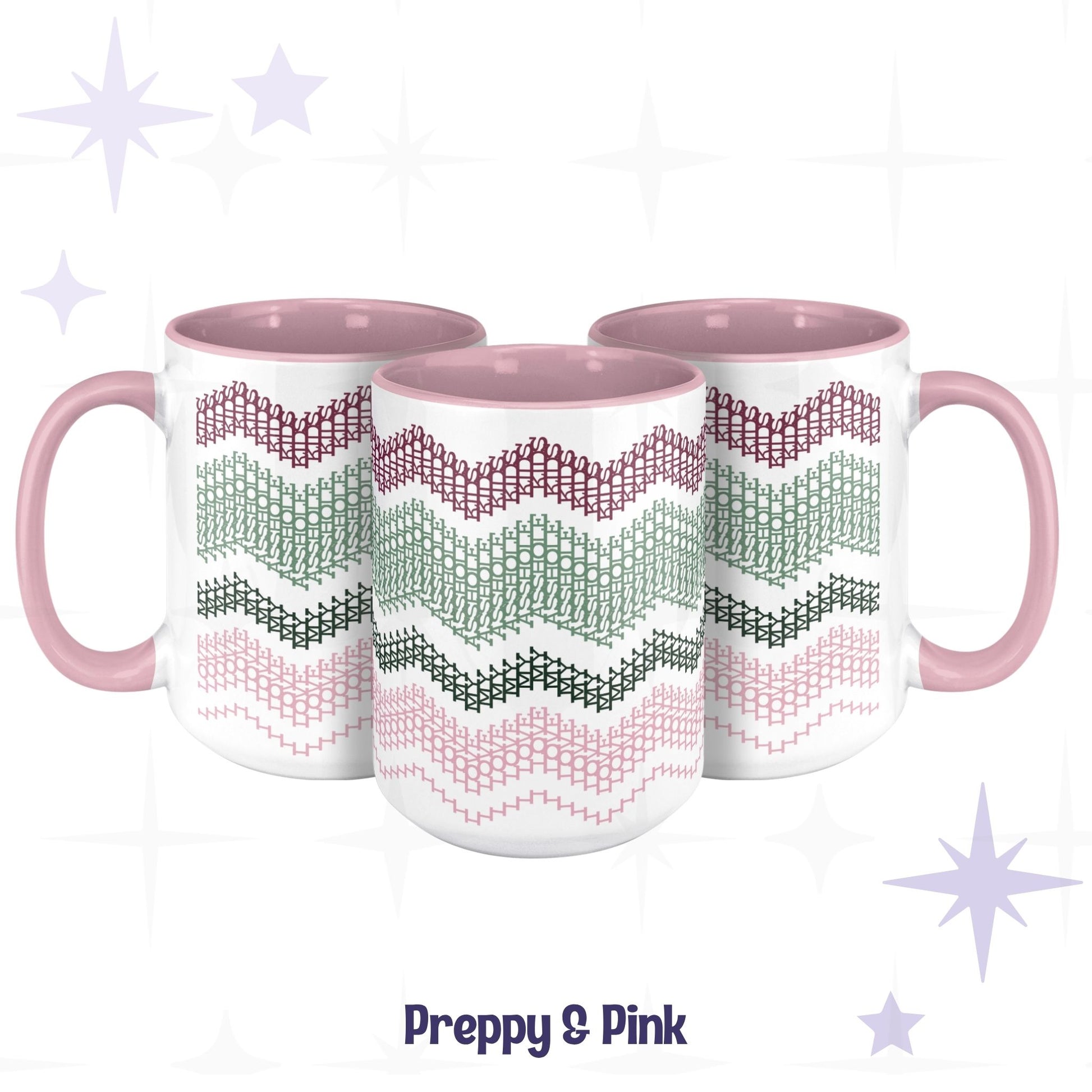 Three Preppy & Pink hidden message accent mugs arranged together, showing the full typographic wave pattern in burgundy, sage, forest green, and pink on white ceramic